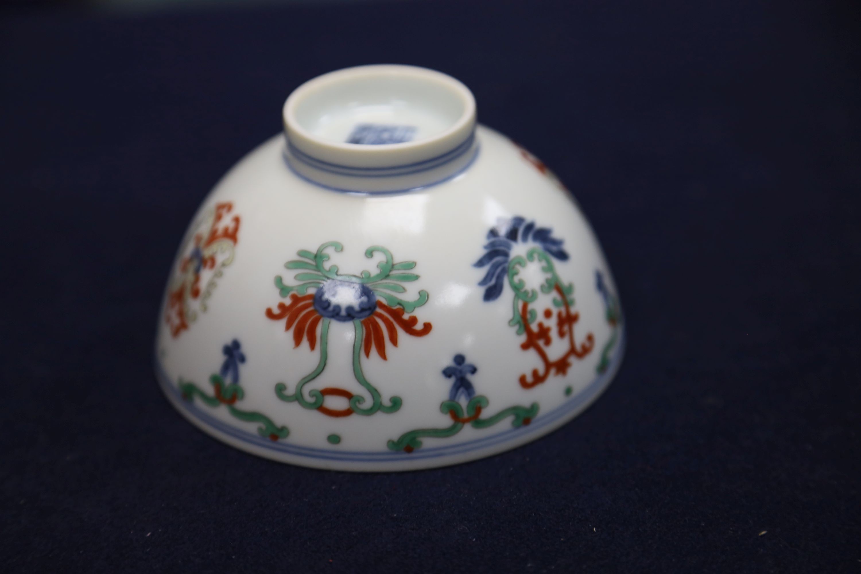 A Chinese cloisonne doucai bowl, 10.4cm and a famille rose dish